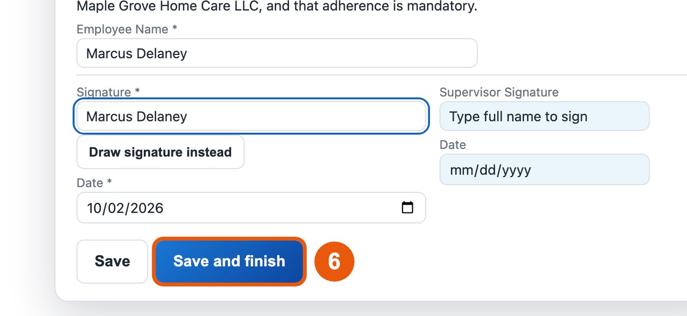 The filled signature and the Save and finish button circled