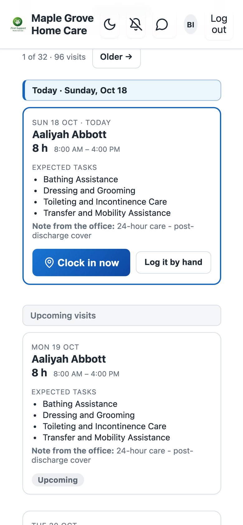 The Visits page with the visit and its Clock in button