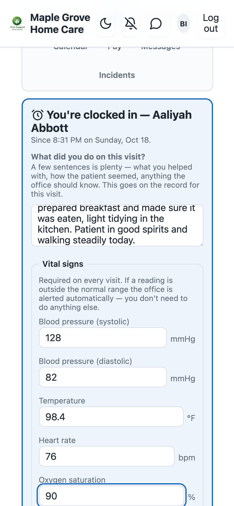 The clock-out form with the vital signs and the visit checklist