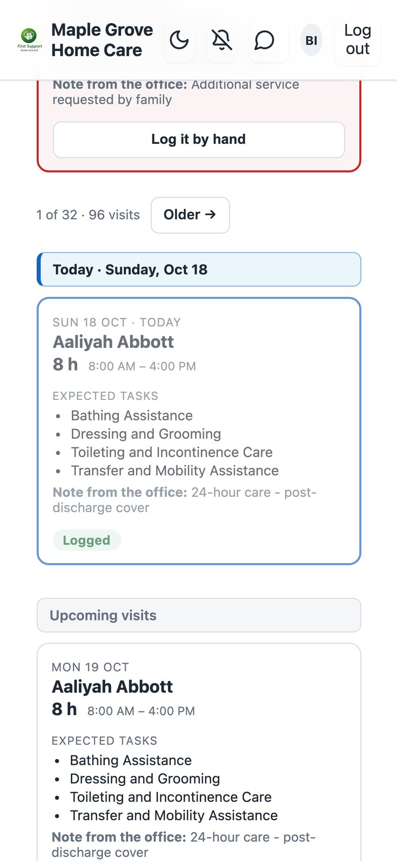 The visit shown as logged after clocking out