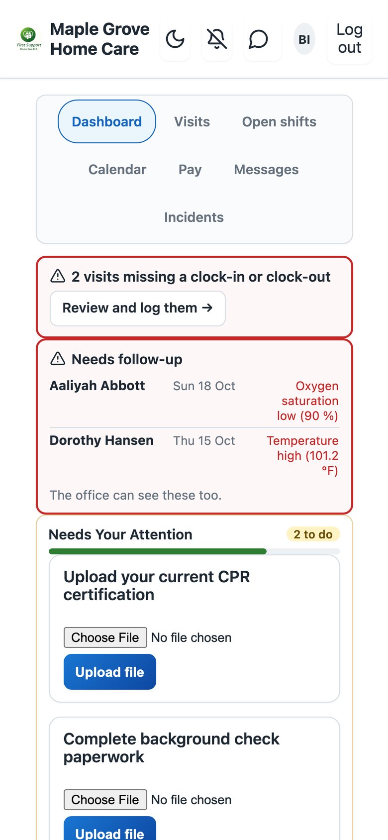 The dashboard warning about visits missing a clock-in or clock-out