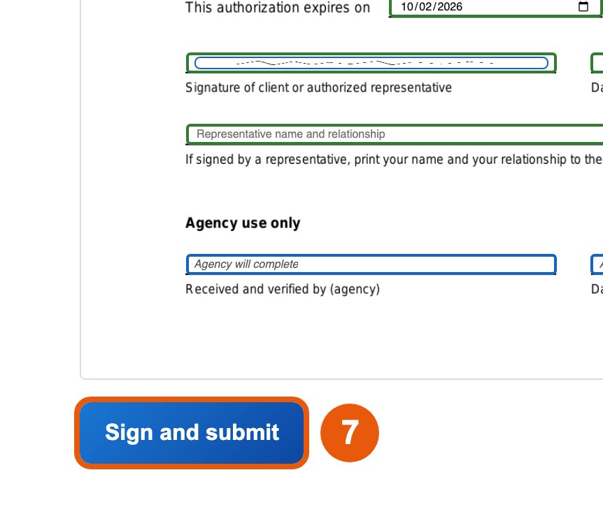 The Sign and submit button circled and numbered 7
